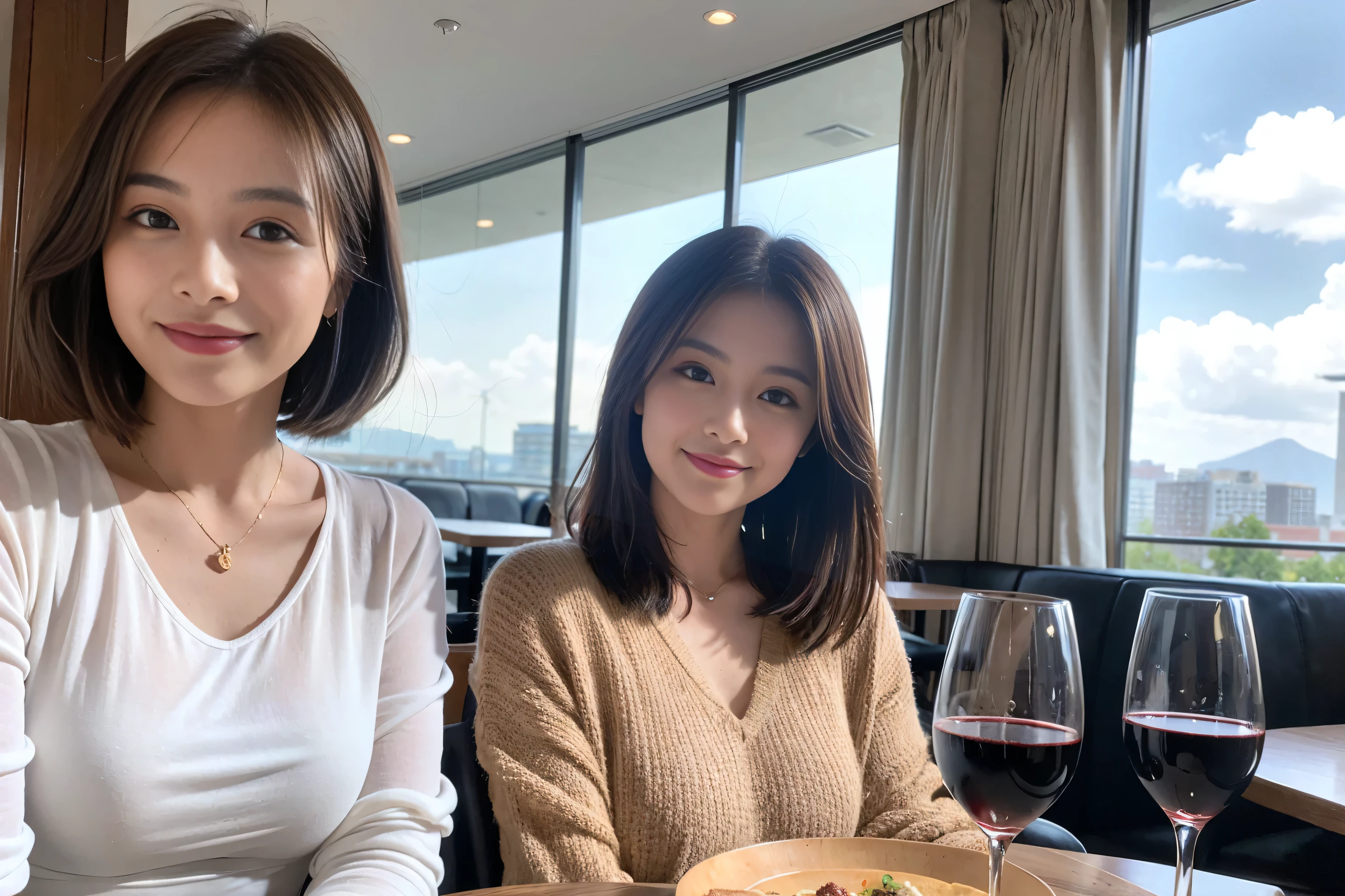((Highest quality、8k、masterpiece:1.3))、cute、Slim couple、Model Couple、Actress、(Realistic, Intricate details:1.2), full-course dinner、Wine 、Amazing view of the sunset sky and clouds、A bright smile、short hair,Bright Face、 (45 years old), 48 years old, 赤Wine 、Appetizers、Italian food、Wine bottle、Champagne、スパークリングWine、Two beauties、Brown Hair、Shortcuts、Long sleeve shirt、dress、Beautiful woman 1, (Slim face), (The body is slim), (Brown Hair), (Shortcuts), cheeks turn a little red,Attractive beauty、restaurant, In a prominent place (From the waist up) Nova Frog Style, actress, model, Upper Body, 白Wine, slim, Wineグラス, 中央に置かれたWineグラス, smile, (smile: 1.15), Beautiful fine grain, Depth f/2,saturation, High Contrast, Strong light and shadow,Moist Body:1.5、3D texture、Delicate eyes、Brown Hair、The hair is very shiny、