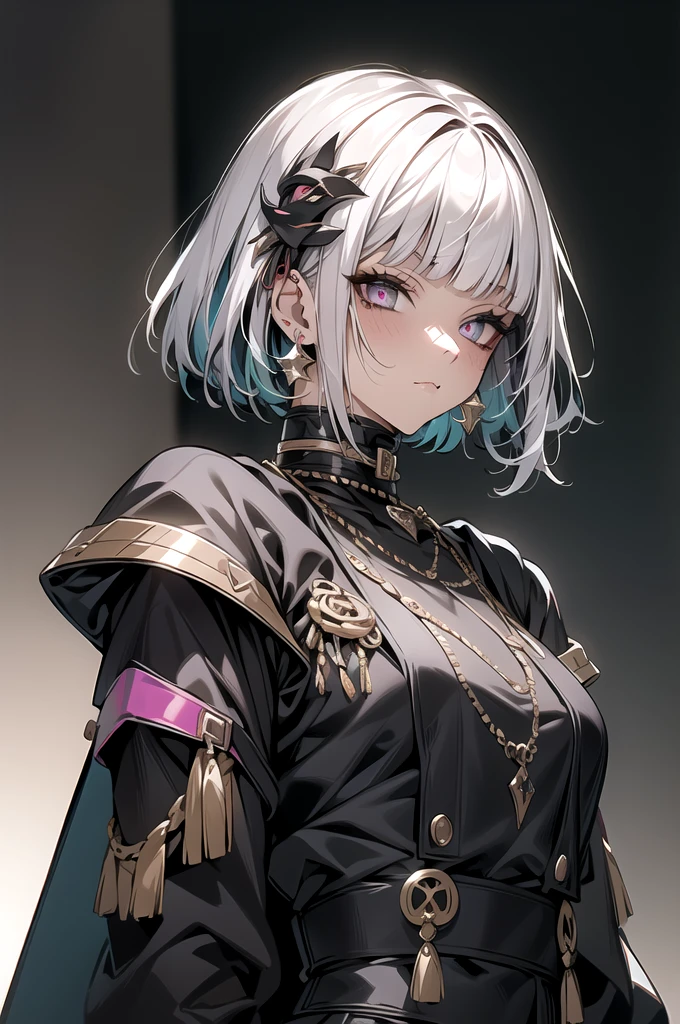 Goth_punk, One girl, robot, alone, Medium Shot, Walking around Harajuku, ((at night:1.2)), Bokeh, Neon Light, (Colorful background:1.2), Rainbow Eyes, Starry Sky, 白いShiny Hair, White eyebrows, Shiny Hair, (Iridescent white hair), Earrings, bangs, jewelry, mask, blunt bangs, Green Eyes, mouth mask, Blurred background, Blurred, hair ornaments, Looking at the audience, short hair, Portraiture, Side Lock, ,