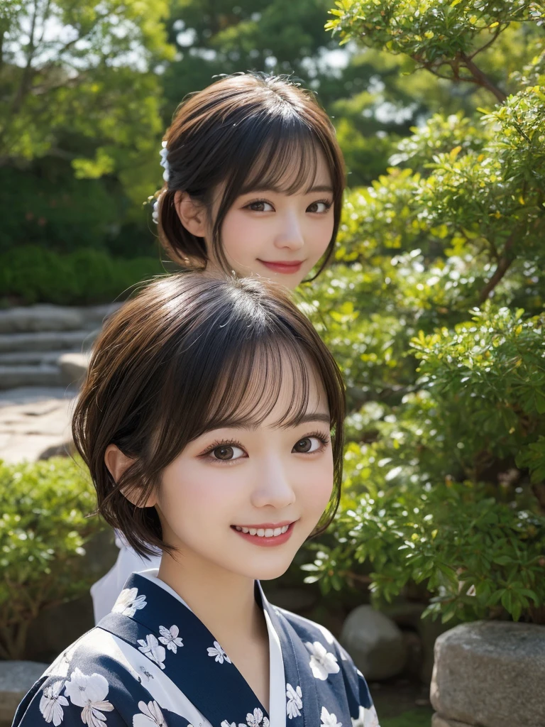 masterpiece, best quality, illustration, ultra-detailed, finely detailed, high resolution, 8K wallpaper, perfect dynamic composition, beautiful detailed eyes, Japanese garden, yukata, short hair, serene expression, cute, smile, looking at camera