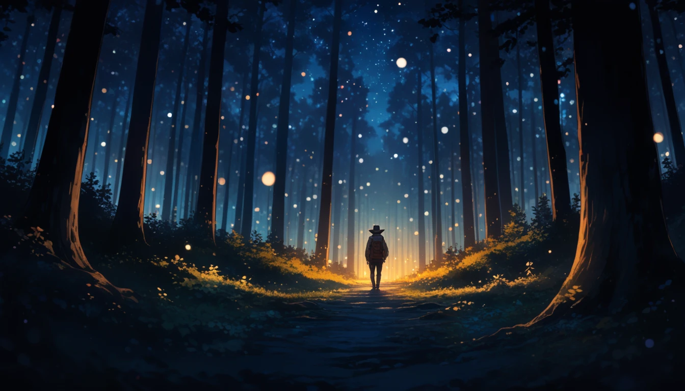 8K, RAW, best quality, masterpiece, ultra high res, colorful, (medium wide shot), (dynamic perspective), sharp focus , (depth of field, bokeh:1.3),
forest background, dark forest, night time, deep night, cowboy shot
