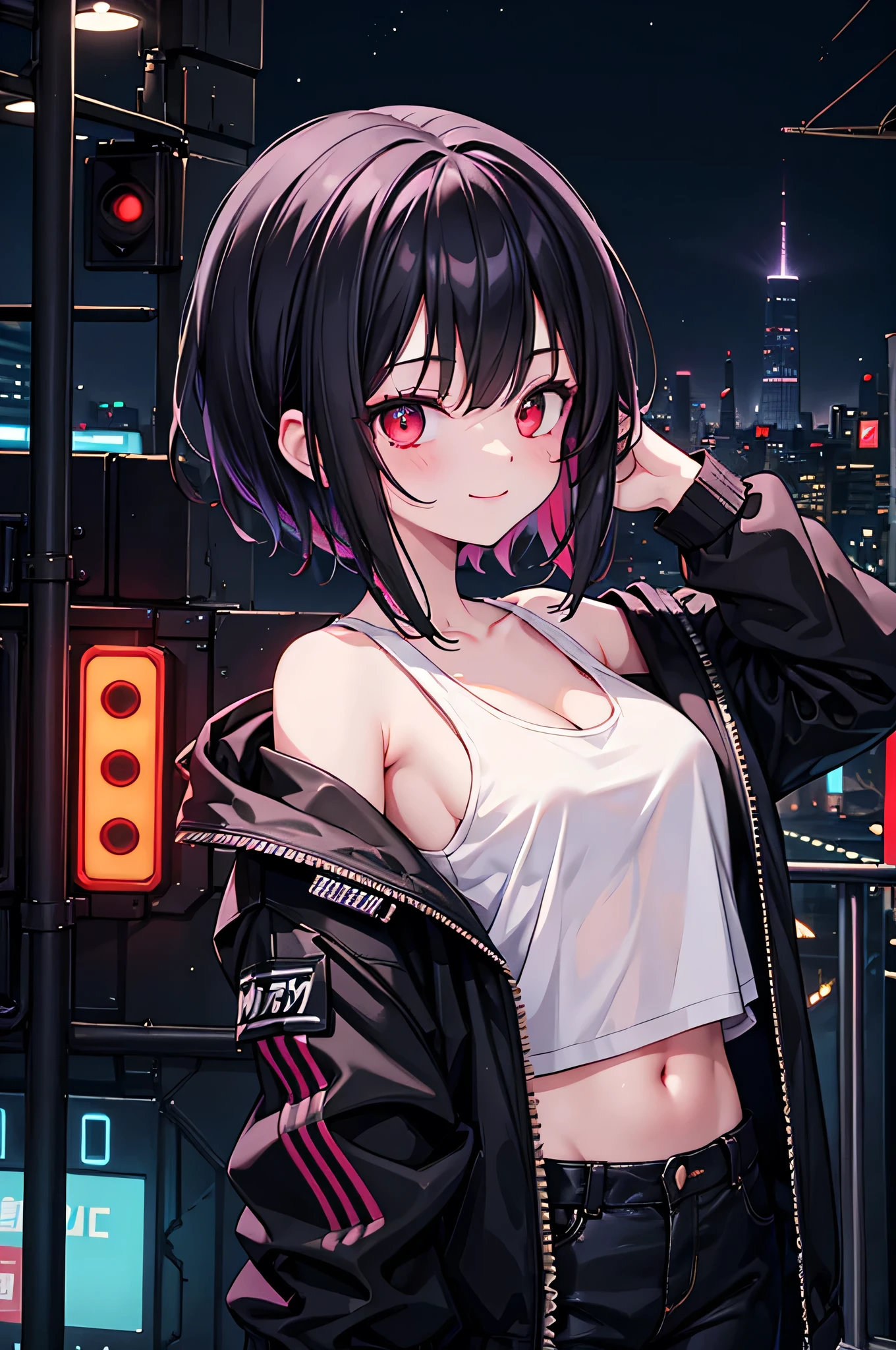 (masterpiece), cyber punk, city, night, Neon Light, city lights, One girl, Black Hair,White tank top with red pattern, short hair,Red Eye,hair ornaments,Around 16 years old,smile,He has taken off his jacket and is exposing his shoulders.,Navel showing