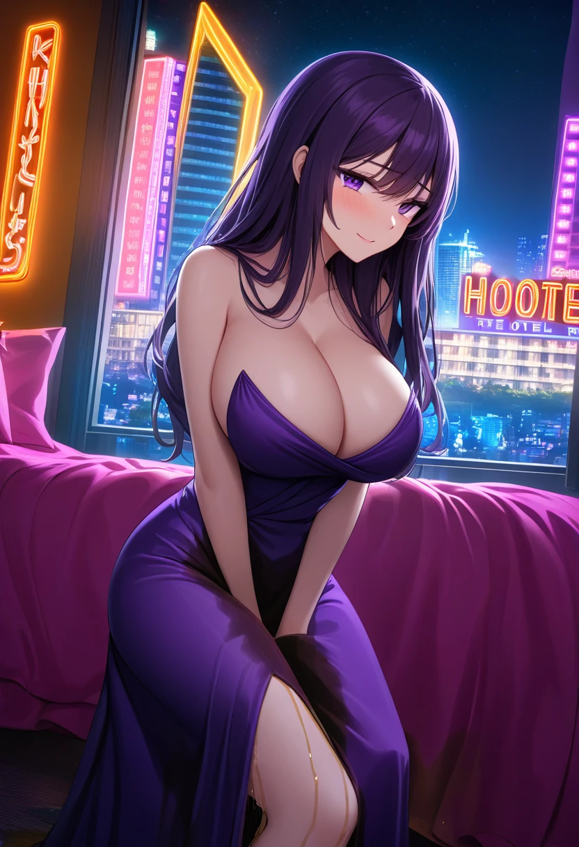 woman, very dark purple hair, purple eyes, long hair, large breasts, very long dress, very tight dress, standing, (wetting herself:1.5), best quality, ultra-detailed, HDR, studio lighting, professional, vivid colors, sharp focus, bokeh, landscape, love hotel, bed, night, window, cityscape, colorful city, neon lights, futuristic, science fiction, soft lighting, dynamic shadows, embarrassed, humiliation, blushing, naughty face, seductive expression, facing viewer