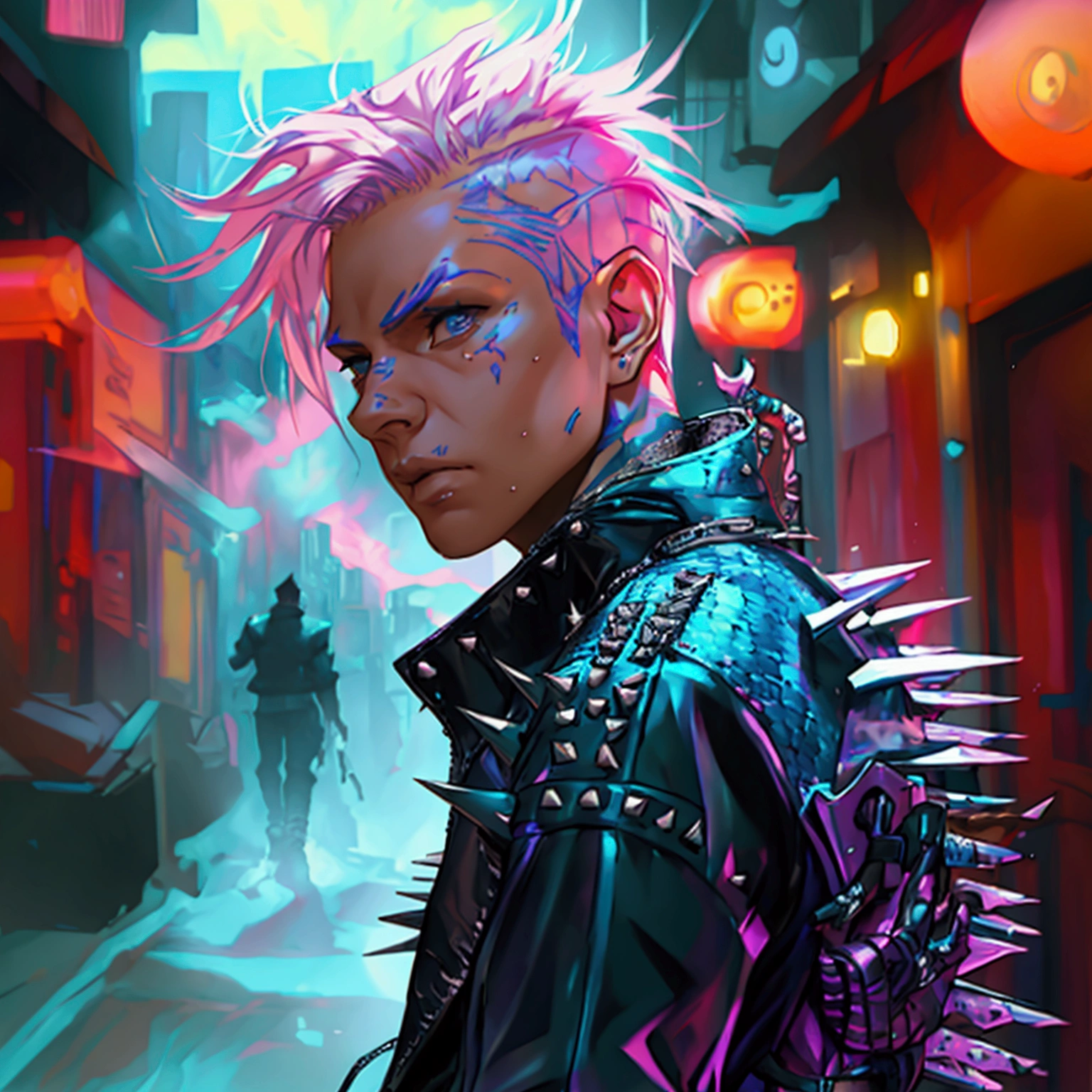 a young male with a pink and blue colored undercut, punk leather jacket with metal spikes, fingerless gloves, purple snakeskin pants, cowboy boots, detailed facial features, cinematic lighting, dramatic atmosphere, hyper-realistic, award-winning concept art, digital painting, 8k, HDR