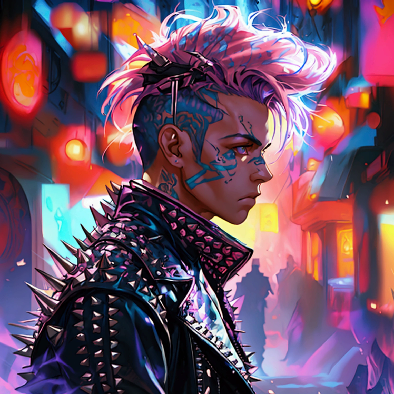 a young male with a pink and blue colored undercut, punk leather jacket with metal spikes, fingerless gloves, purple snakeskin pants, cowboy boots, detailed facial features, cinematic lighting, dramatic atmosphere, hyper-realistic, award-winning concept art, digital painting, 8k, HDR