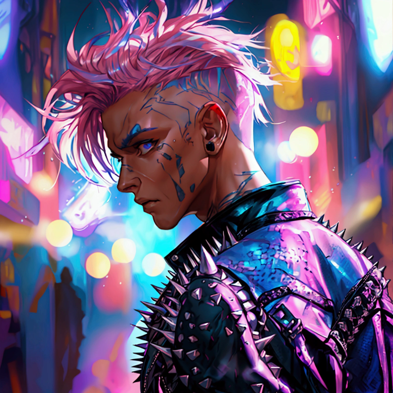 a young male with a pink and blue colored undercut, punk leather jacket with metal spikes, fingerless gloves, purple snakeskin pants, cowboy boots, detailed facial features, cinematic lighting, dramatic atmosphere, hyper-realistic, award-winning concept art, digital painting, 8k, HDR