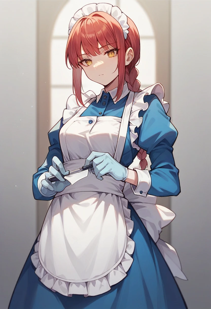 1girl, makima, ((blue medical gloves)), (maid uniform), ((long sleeves)), looking at viewer, standing, solo

