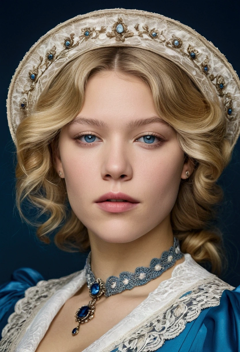 Extremely beautiful blonde woman with eyes blue like the sky, 28 years old Victorian with features of Léa Seydoux dressed in period clothing