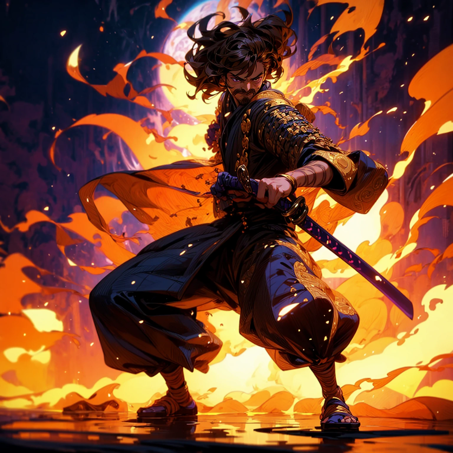 Solo character, full body version, boy, tan skin, Thin moustache, brown color hair, Curly hairstyle, purple eyes, samurai armor, background is plain white, shadow, (standing gesture), sword in hand, (one piece style art), smoke effect, fire effect, lighting gold on sword