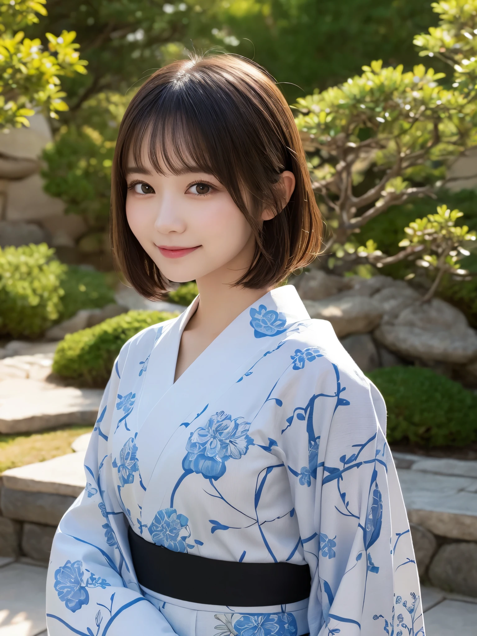 masterpiece, best quality, illustration, ultra-detailed, finely detailed, high resolution, 8K wallpaper, perfect dynamic composition, beautiful detailed eyes, Japanese garden, yukata, short hair, serene expression, cute, smile, looking at camera
