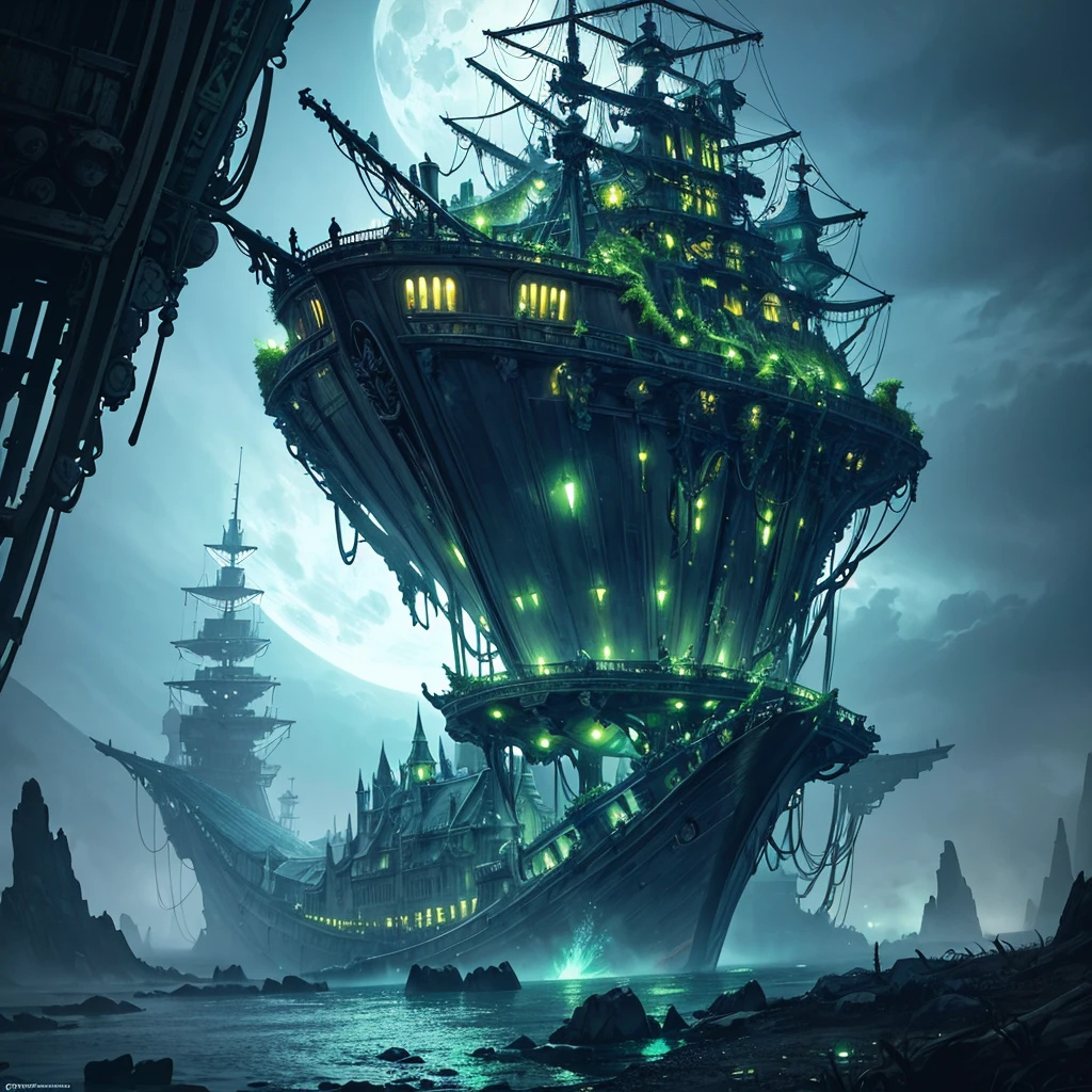 ship, high-fantasy, magical effects, hyper realistic, hyper detailed, mysterious air, ancient and abandoned, grown-over, luminescent moss, dark atmosphere, glowing lights spread evenly, very aesthetic, beautiful underwater scenery in the background,full moon
