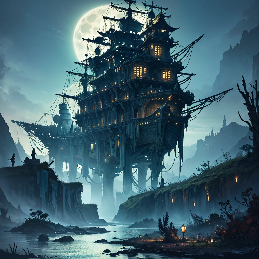 ship, high-fantasy, magical effects, hyper realistic, hyper detailed, mysterious air, ancient and abandoned, grown-over, luminescent moss, dark atmosphere, glowing lights spread evenly, very aesthetic, beautiful underwater scenery in the background,full moon
