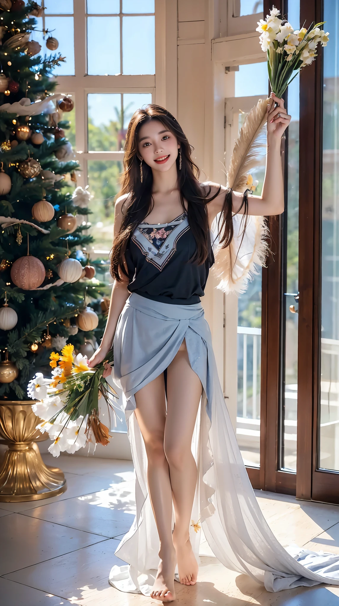 Beautiful Native American Princess, woman,Very small revealing dress made of feathers, magic, Tempting, Hot and humid, full length, woman-body, Hazel eyes, bright, , Overall details. Beautiful blurred background, Perfect face and eyes, Ultra-detailed and ultra-maximized dynamics, (Flower shop interior), Standing, (Smile, Predominant, open mouth), (((Skirt flip, No pants, Visible genitals))), full-body shot, Dark blue socks, Sexy face, Inverted Nipple,