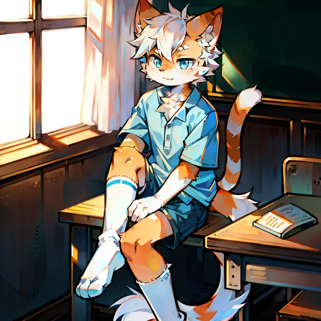 furry, cat boy,(White hair),(Orange skin),blue eyes,Sitting in the classroom,Legs on the table,((Wear short white socks)),Light blue pajamas and shorts,The only person,high quality