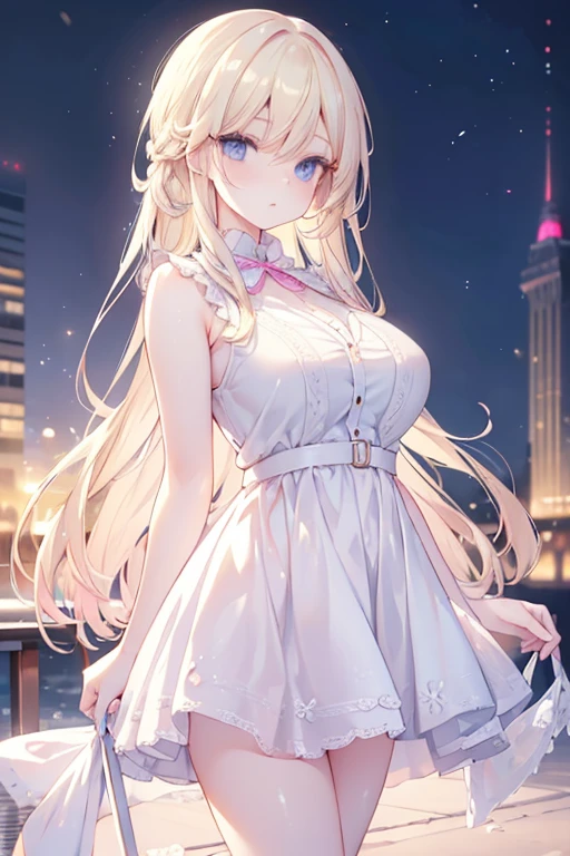 1woman,walking ,blue eyes, Beautiful makeup, long eyelashes,early in the morning,stunning,half body photo, very detailed face,cute,,HD face, perfect face,Short white dress, pink cardigan,very big breasts,Blonde hair,blonde hair,bangs,long hair, straight hair,ultra detail,ultra Hd, masterpiece,4k