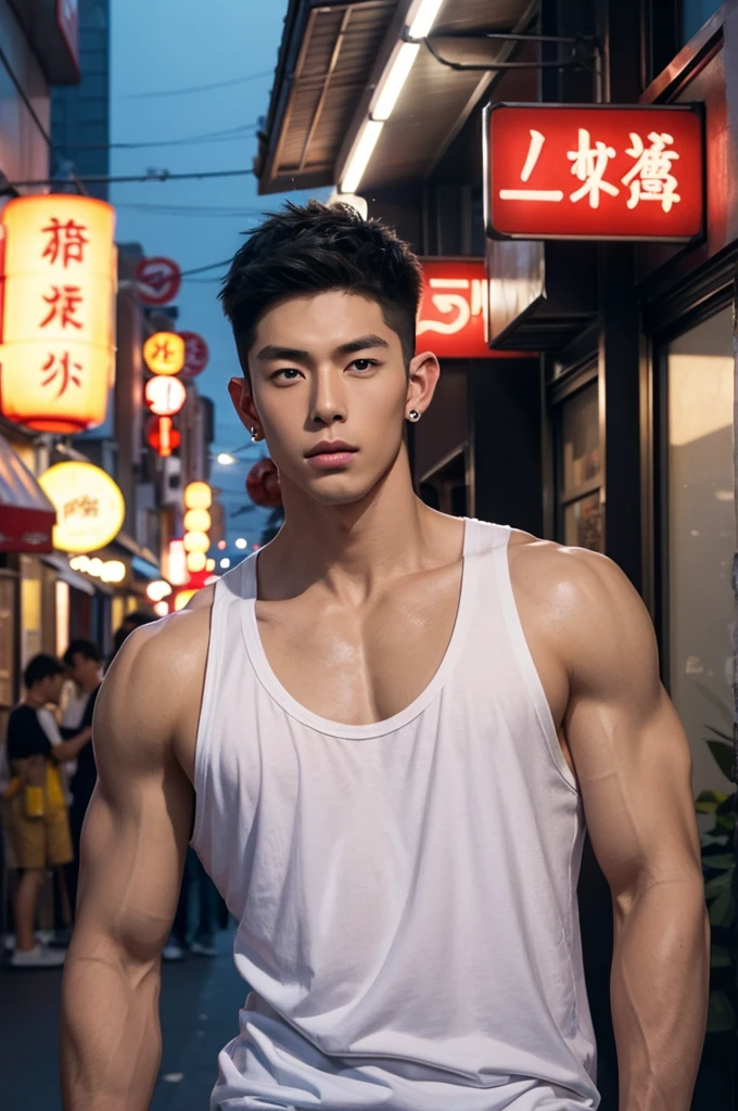Japanese male male model, big muscles, handsome, cool, smoothly combed hair, pierced ears:1.2, eating donuts: 1.4, wearing a loose tank top, holding a lollipop, portraiture, modeling, dynamic pose, Japanese street, late at night, store lights trade, full half body shot