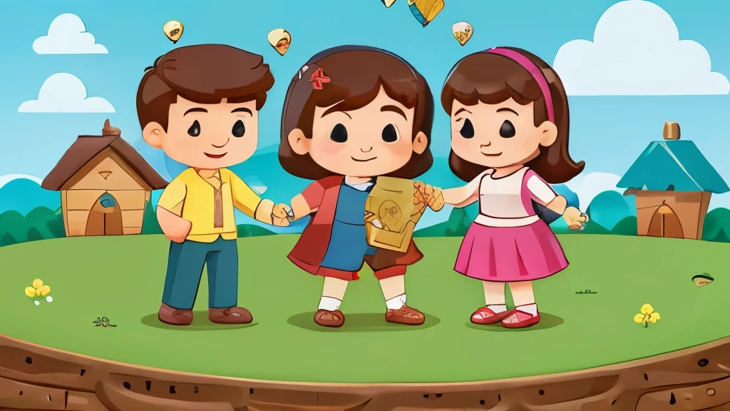 Background**: A simple village scene depicting boy and his family. mother and father
- *boy and girls **: Centered, holding the map
- **Treasure**: A small illustration of the treasure above the map. cartoon image
