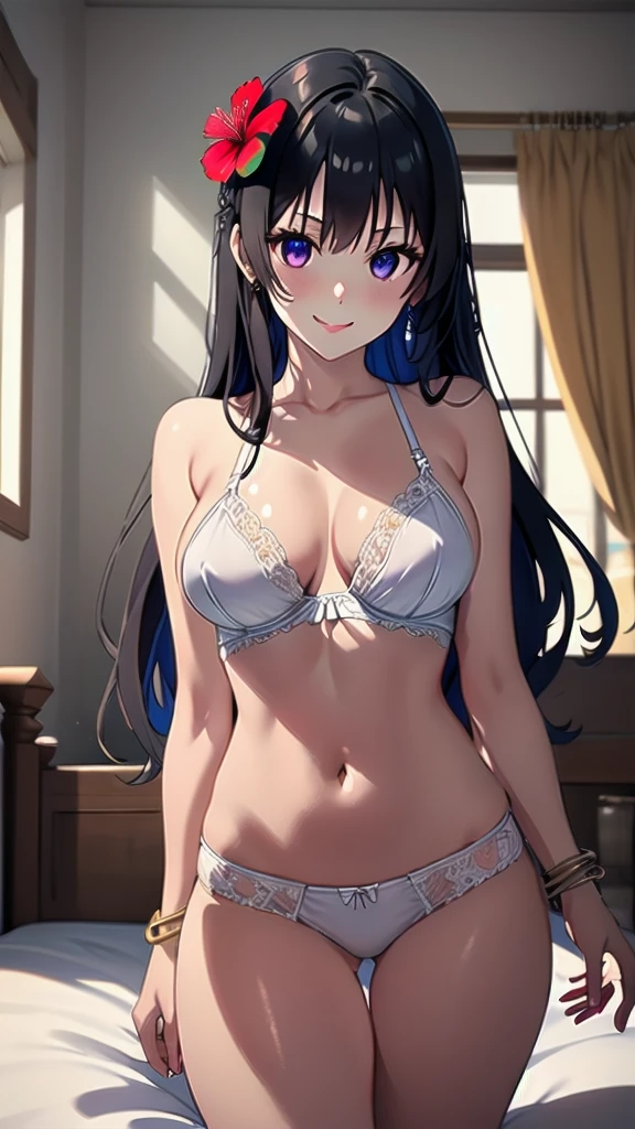 (masterpiece:1.2), (best quality:1.2), (intricate details:1.2), (anime coloring:1.1), ((top-quality)), solo girl, black hair, pinkish-purple eyes, long hair, medium breasts, sexy body and face, wavy hair, smile, (parted lips:0.9), lipstick, white lingerie, white bra, white panties, open stomach, bed, leg up, navel, cleavage, collarbone, bare shoulders, jewelry, bracelet, ribbon, hibiscus, frills, sleeveless, hair flower,  bed, indoor, perfect hips, sexy pose, cowboy shots, detailed body, face, and eyes, illustration, sharp focus, vibrant, creative, dynamic, high definition, high resolution, 16k quality, (Upscale: R-ESRGAN 4x+ Anime6mage enchance:4x), (beautiful illustration), (beautiful detailed eyes 1.2), (beautiful detailed face:1.2), (beautiful detailed body:1.2), (better hands:1.2), voluptuous body, cinema lightning, dakimakura style, good anatomy, perfect eyes, perfect body, perfect anatomy, perfect chest, looking at the viewer