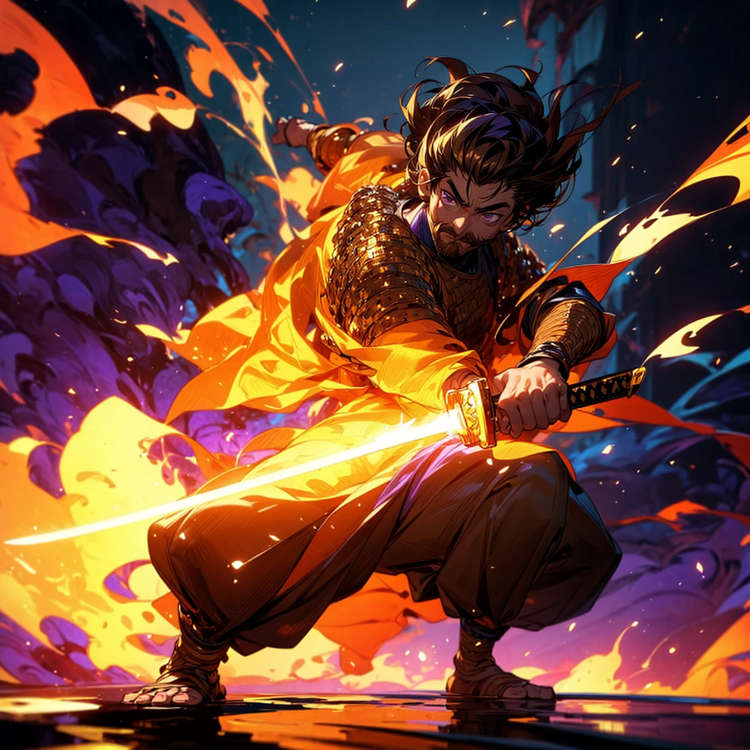 Solo character, full body version, boy, tan skin, Thin moustache, brown color hair, Curly hairstyle, purple eyes, samurai armor, background is plain white, shadow, (standing gesture), sword in hand, (one piece style art), smoke effect, fire effect, lighting gold on sword