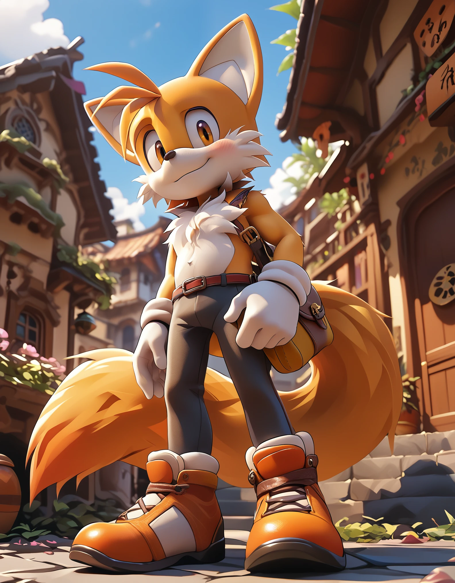 score 9 up, score 8 up, score 7 up, source_furry, rating_safe, solo, tails (sonic), furry male, fox boy, fox tail, orange fur, smile,  looking at viewer, five fingers,