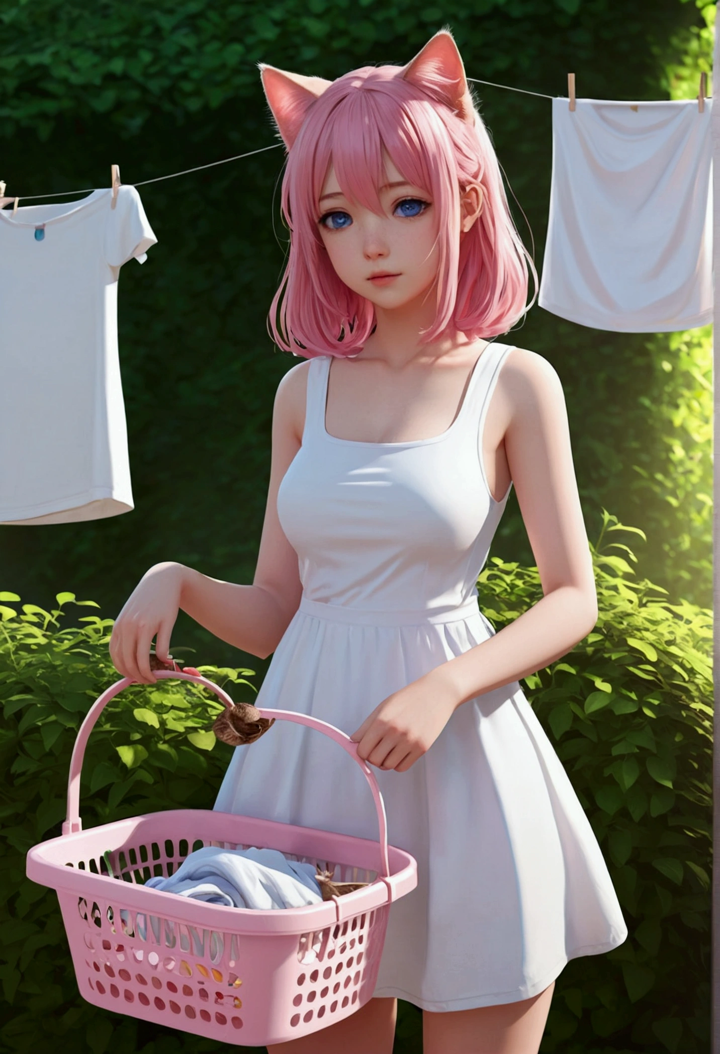 Cat-eared girl in white dress standing in garden, Break,Pink Long Hair,eBlue eyes,(((Sleeveless))),Hang laundry to dry,Holding a laundry basket with clothes, in dress, small curvaceous , Guviz-style artwork, Guweiz in Pixiv ArtStation, Guweiz on ArtStation Pixiv, Guviz, girl, Soft anime illustration, Anime visuals of cute girls, Detailed digital anime art