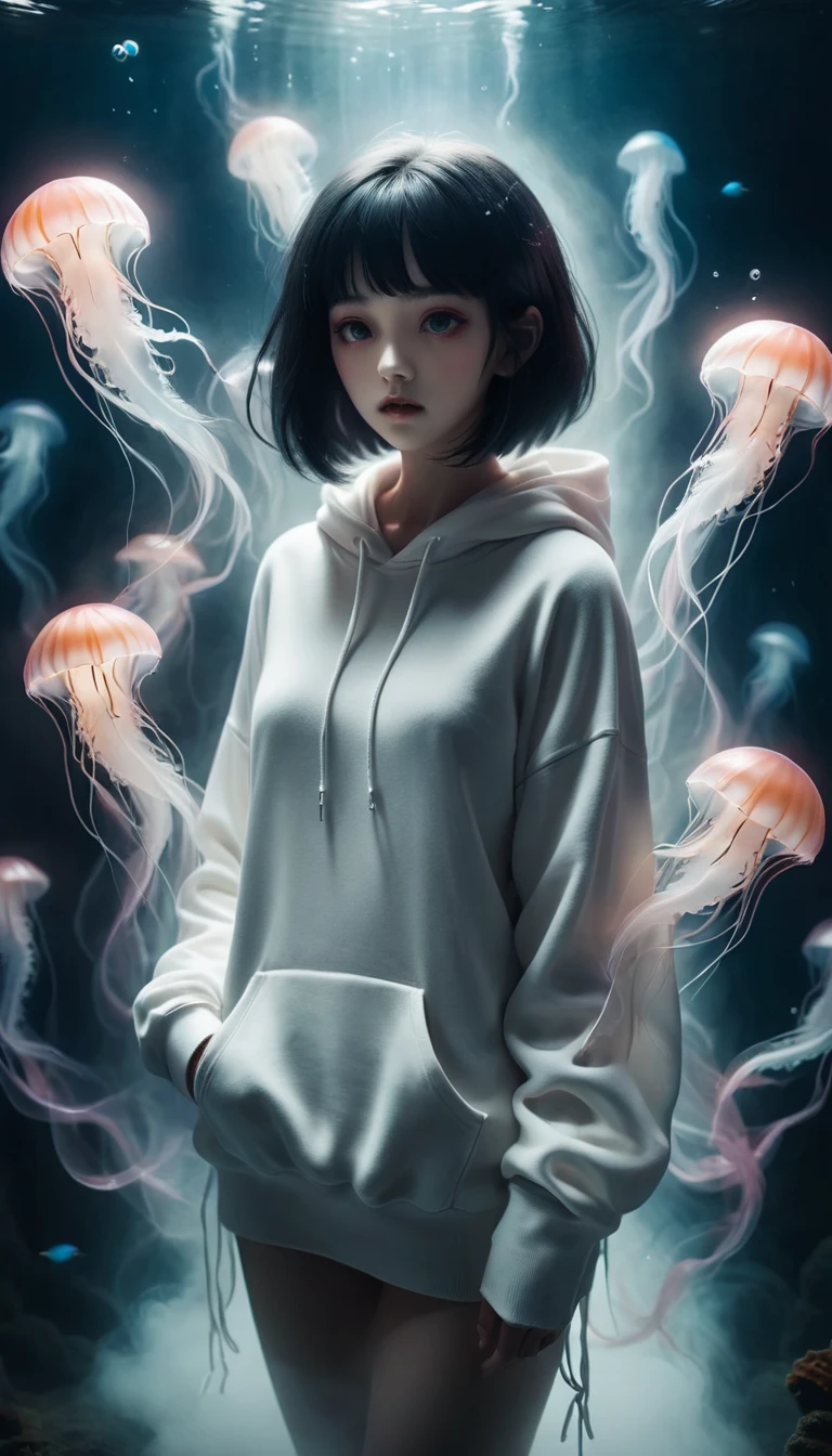 Calm colors、Hundreds of jellyfish fly through the air、Black-haired woman、White hoodie、Bobcut、Beautiful Face、Moderate bust、Model pose。Fantastic illustrations、Surreal fantasy、Thick Fog、aquarium、dim
