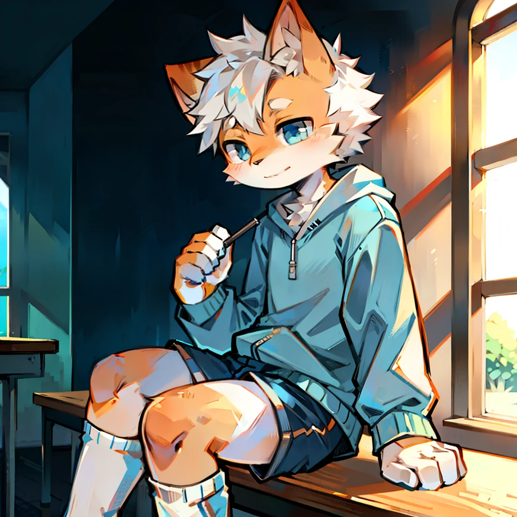 furry, cat boy,(White hair),(Orange skin),blue eyes,Sitting in the classroom,Legs on the table,((Wear short white socks)),Light blue pajamas and shorts,The only person,high quality