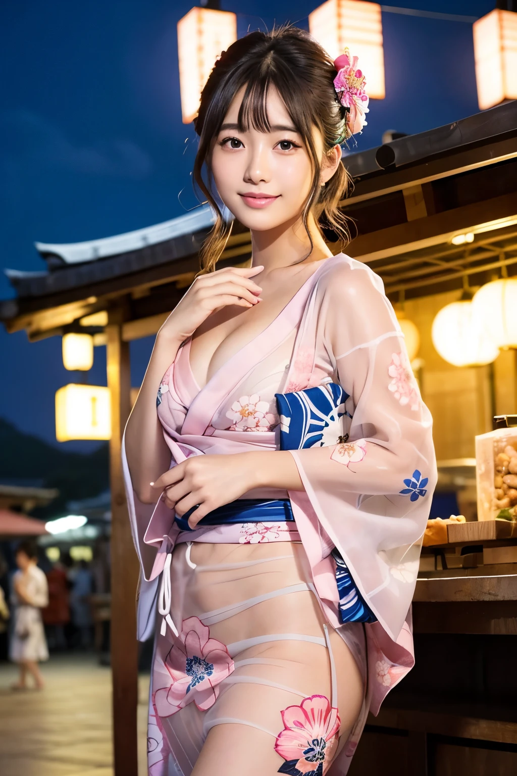 Beautiful exposed thighascara、Long false eyelashes、Blue eyeshadow、Bright red lips)))、(((The yukata is short and her thighs are visible.)))、(((Both shoulders are visible)))、(((Sexy see-through yukata)))、A cute 20-year-old Japanese idol、(((Her bare skin is visible through her yukata.)))、(((Transparent yukata)))、(One young girl)、Very cute face、Great face and eyes、(Highly detailed eyes、Highly detailed face)、Fresh、Very beautiful appearance、(超Realistic、High resolution)、(Highest quality:1.4)、Raw photo、(Realistic、Photorealistic:1.37)、Professional photos、(A pale pink transparent floral yukata that reveals a little skin:1.5)、(Open yukata)、(Cleavage:1.2)、(Exposed shoulders)、Smile slightly、(Staring at me)、(((A crowded food stall at night)))、Girl portrait、(((I&#39;m not wearing underwear)))、Big Breasts、Cleavageを強調、Shiny skin、It&#39;s hot and humid and I&#39;m sweating、A yukata that clings to the skin