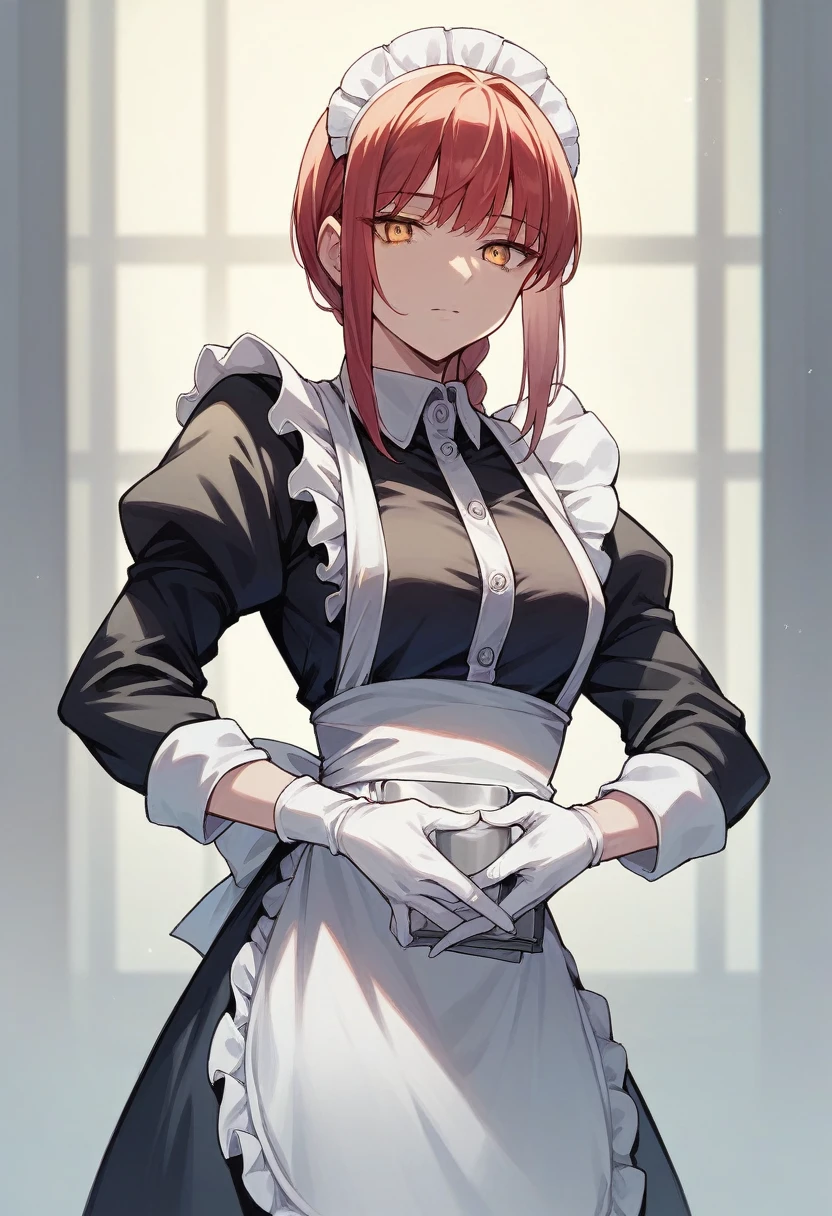 1girl, makima, ((blue medical gloves)), (black maid uniform), ((long sleeves)), looking at viewer, standing, solo