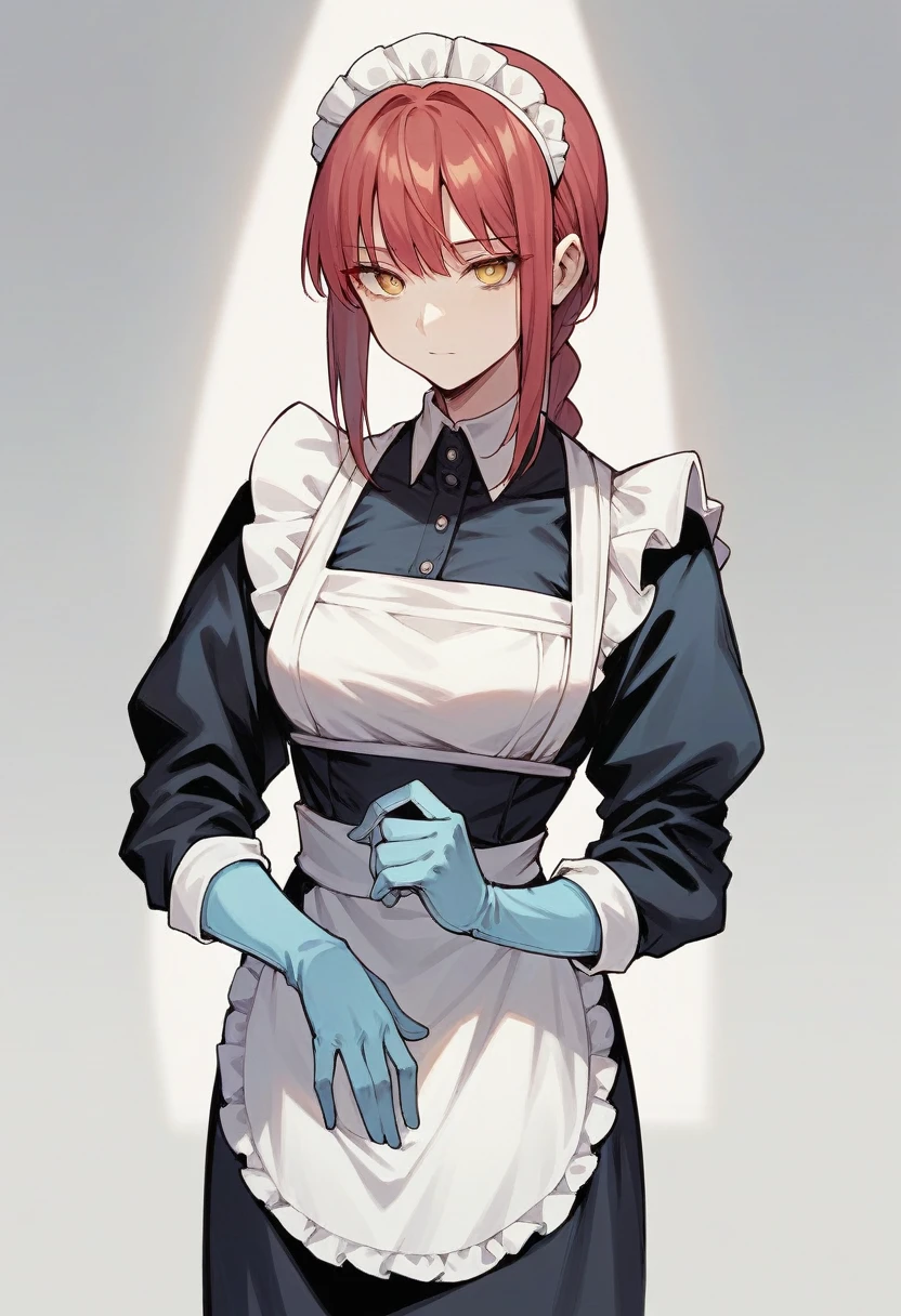 1girl, makima, ((blue medical gloves)), (black maid uniform), ((long sleeves)), looking at viewer, standing, solo