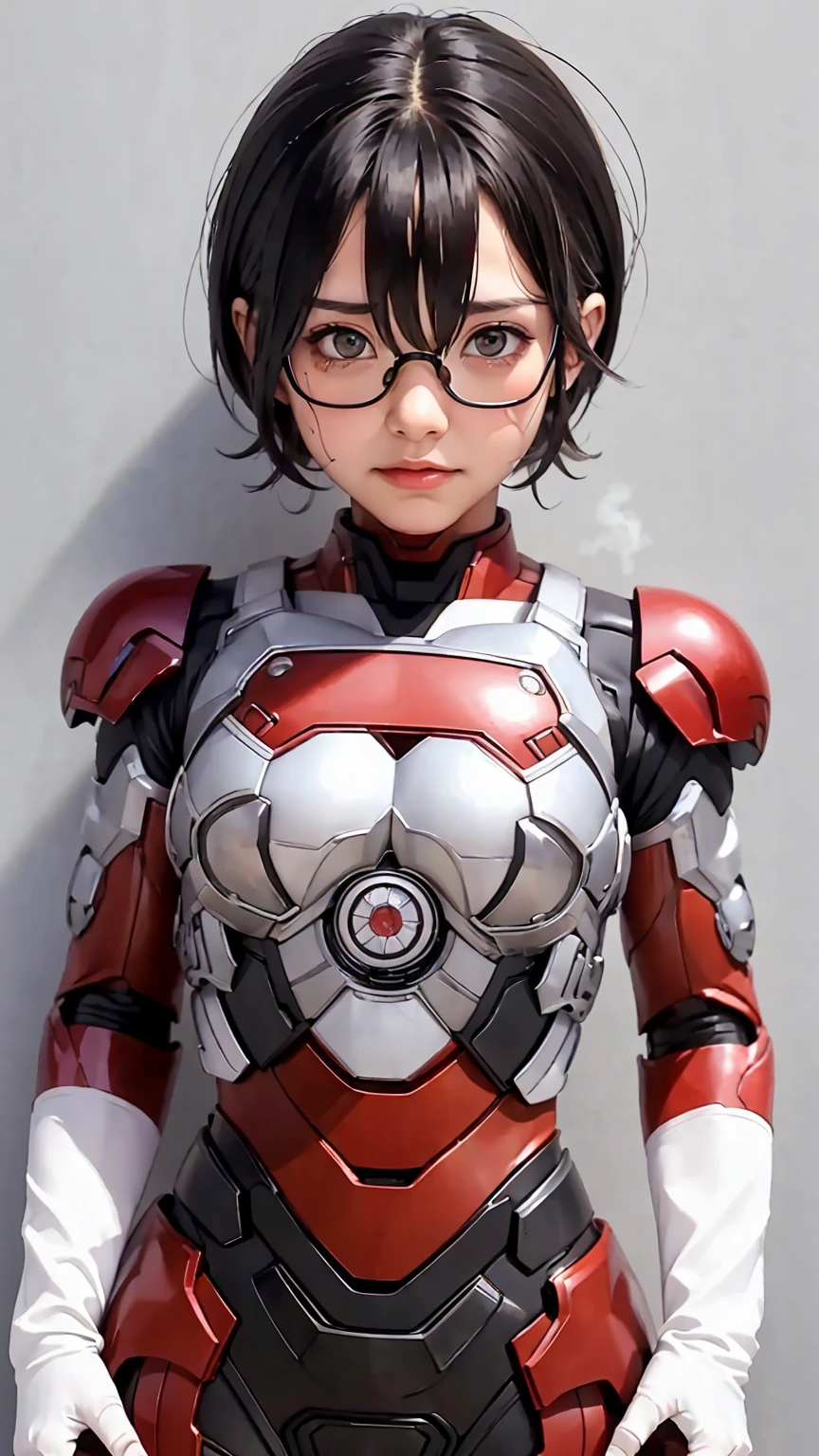 Highest quality　8k Iron Man Suit Girl　Kindergarten girl　Sweaty face　cute　short hair　boyish　Steam coming out of my head　My hair is wet with sweat　The feel of black hair　Full body portrait　My upper body is soaked　Glasses