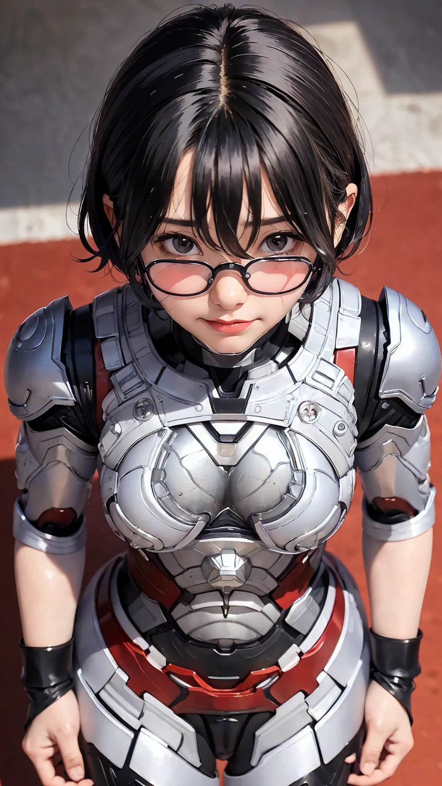 Highest quality　8k Iron Man Suit Girl　Kindergarten girl　Sweaty face　cute　short hair　boyish　Steam coming out of my head　My hair is wet with sweat　The feel of black hair　Full body portrait　My upper body is soaked　Glasses