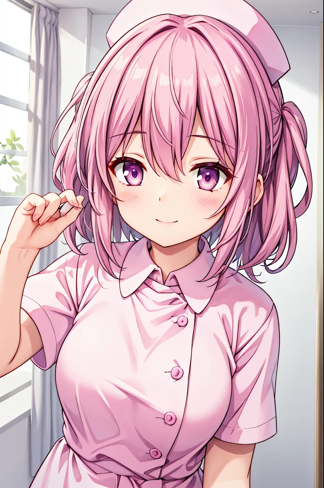 high resolution,smile,woman,woman1人,adult,cute,
Medium Hair,wavy hair, Pink Hair,Purple eyes,
White nurse uniform,whole body,
BREAK Background white,