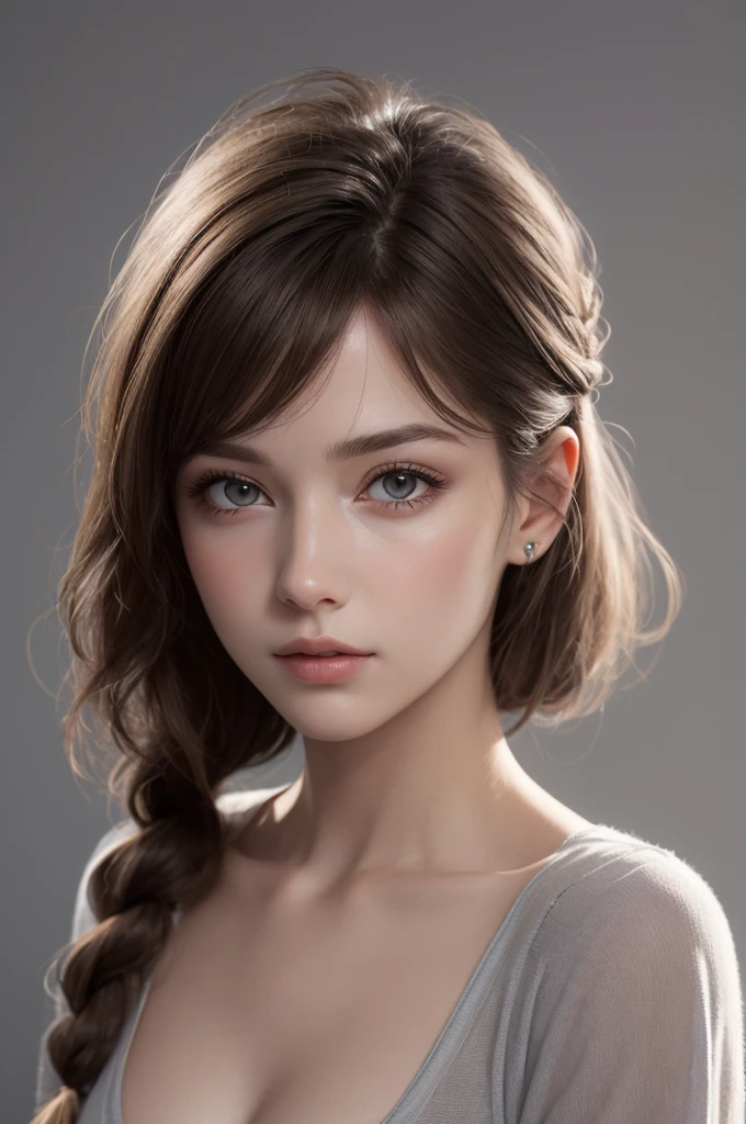 (photograph:1.2)、(photorealistic:1.3)、(masterpiece:1.3)、(Highest image quality:1.4)、ultra high resolution、(detailed eyes)、(detailed facial features)、(Detailed garment features)、8K resolution、solo focus、26 year old mature woman、small face、no makeup、Detailed leal beautiful eyes、bangs、gold hair、long cut hair, braided hair、(realistic skin)、beautiful skin、charming、ultra high resolution、Super realistic、High definition、Camisa branca aberta,middlebre、small breasts、bust B cup、small breasts、cool beauty、Gray background、cinematic lighting、perfect、soft light、High resolution skin:1.2、realistic skin texture、26 years old mature woman、small face、no makeup、Bust B Cup、Eating Donuts 、Detailed beautiful brown eyes、short hair、dark brown hair、Cool beauty、
