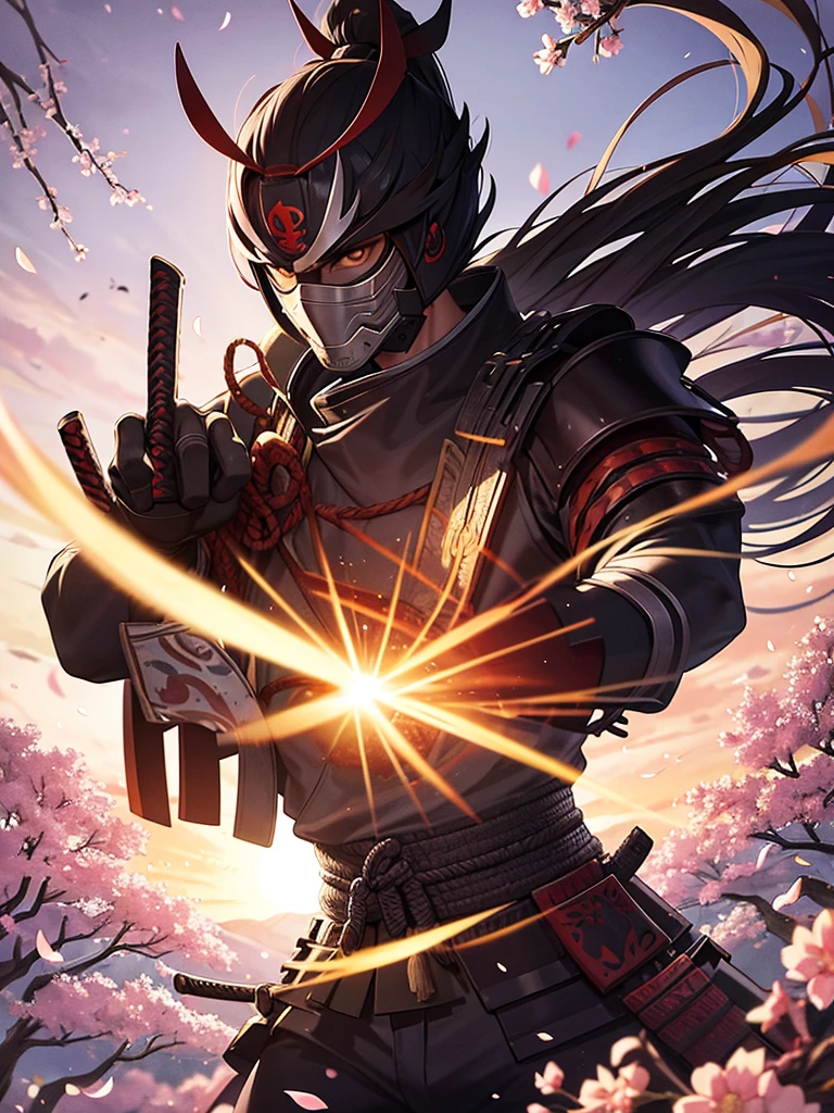 A samurai in a mask and full battle suit surrounded by cherry trees 