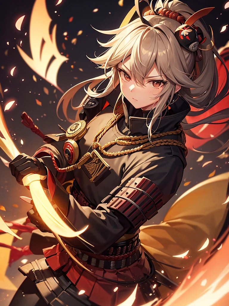 A samurai in a mask and full battle suit surrounded by cherry trees