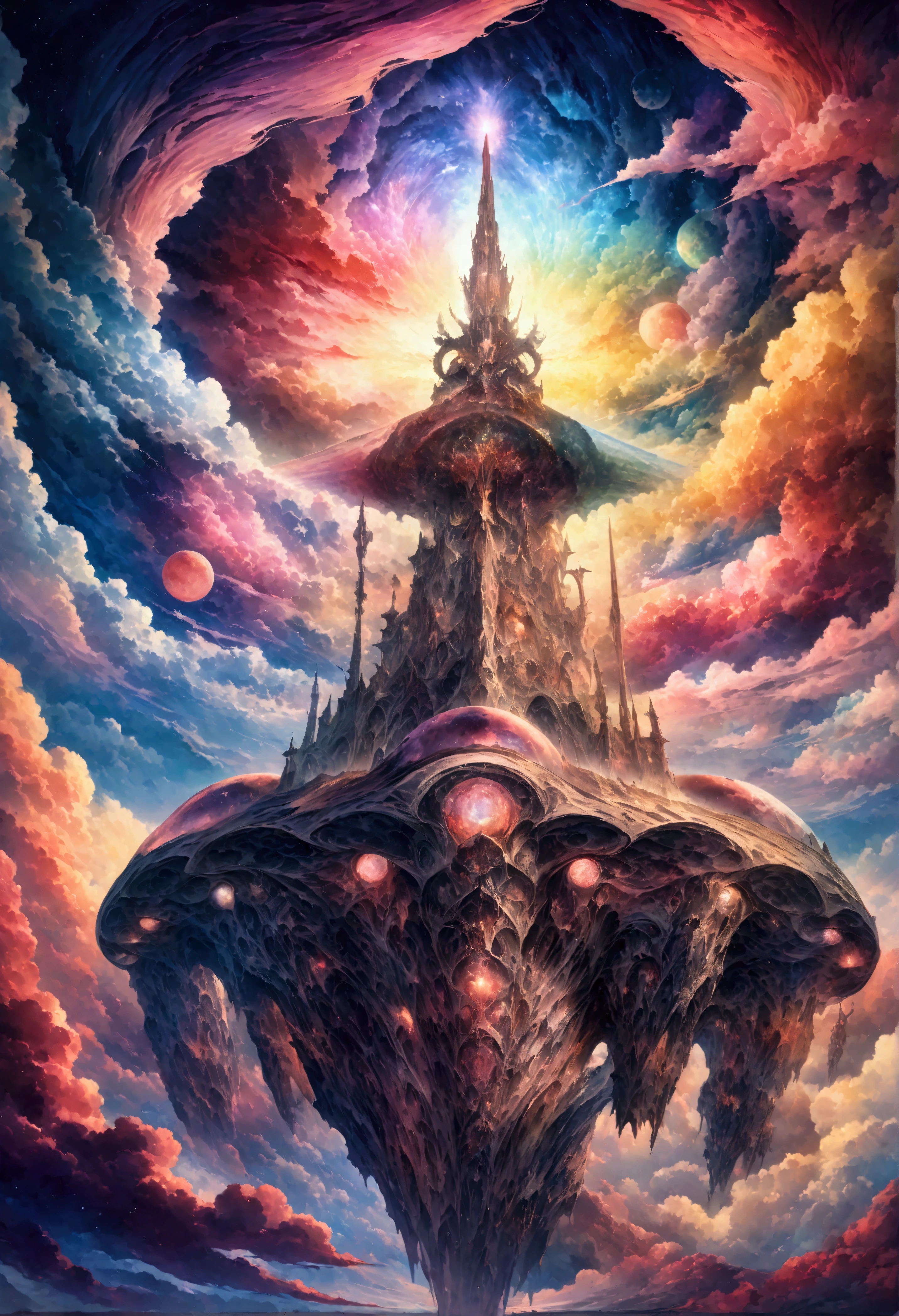 god々Shii Sky, A painting depicting a fantasy world beyond dimensions, Digital painting of cosmic clouds floating in the space sky, Fantastic engine,A magnificent composition, CG digital rendering,Ultra HD,Highly detailed technology, Triad color scheme, Surreal Art