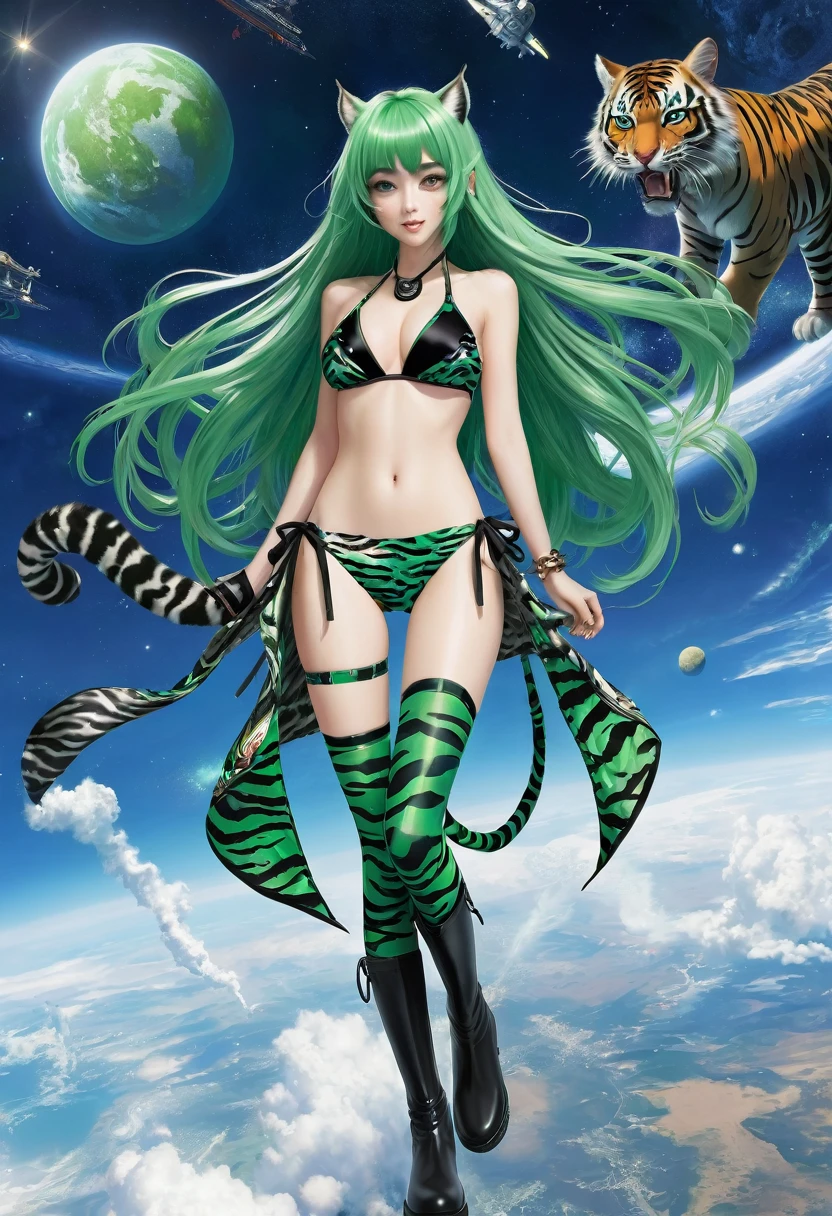 A demon girl with long green hair and a black tiger print bikini、Spaceman、And wearing black tiger print long boots、Flying in the sky