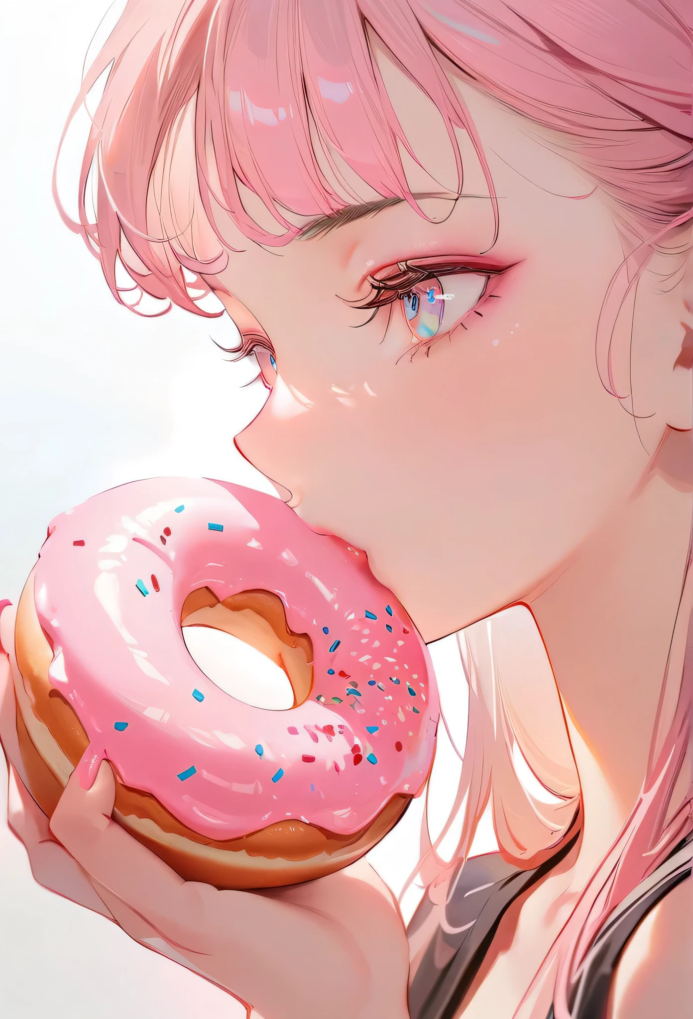 8K, best quality, masterpiece, Ultra-high resolution, (realism: 1.4), original photo, (Realistic skin texture: 1.3), (Film Grain: 1.3),1 girl, Pink clothes, Sapphire eyes and beautiful facial details, masterpiece, best quality, close up, Upper body highest quality picture quality pull-ups,Eating Donuts