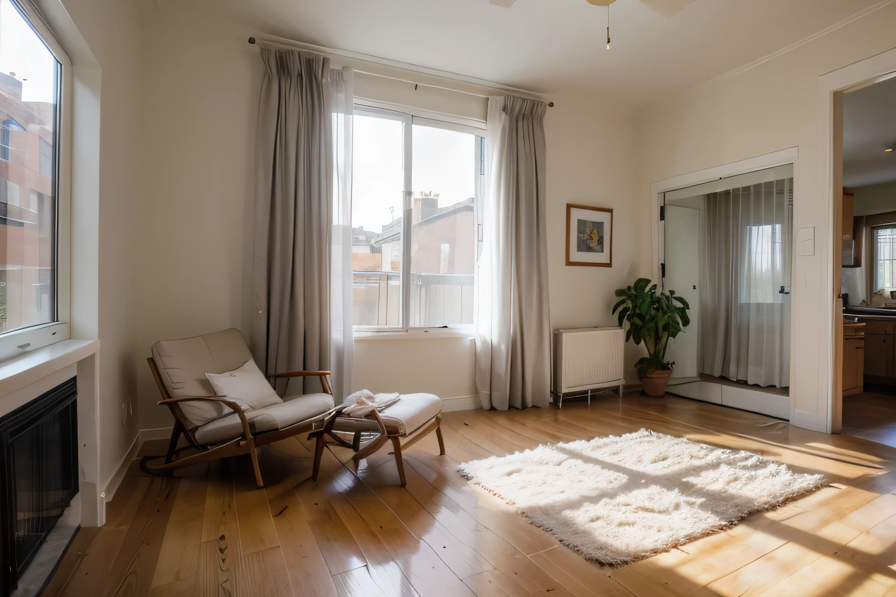 Looking down at the interior,Floor-to-ceiling windows,White gauze curtains fluttering,Outside is a beautiful garden,Sunlight shines inside,Warm environment,Ultra-realistic scene map