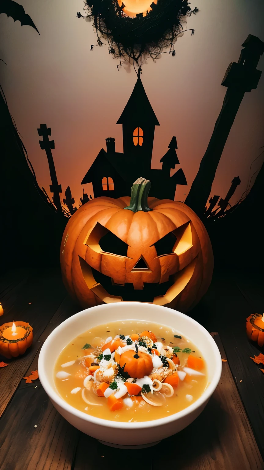 Alafia soup in a bowl，Background with pumpkins, ❤🔥🍄🌪, Halloween celebration, Halloween atmosphere, 💣 💥, 3 4 5 3 1, Halloween, Creepy Themes, Halloween theme, Halloween night, author：Emma Andijewska, trick or treat, spooky, 4 0 9 6, simple, in a Halloween style, Title Text&quot;