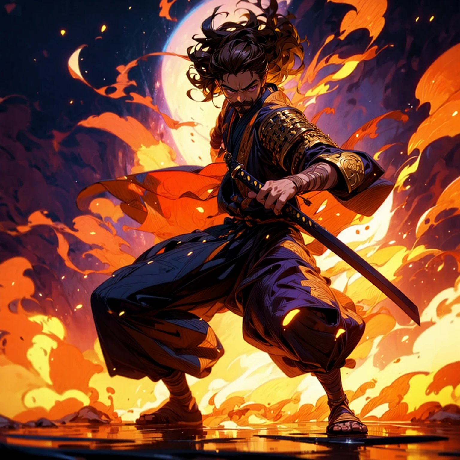 Solo character, full body version, boy, tan skin, Thin moustache, brown color hair, Curly hairstyle, purple eyes, samurai armor, background is plain white, shadow, (standing gesture), sword in hand, (one piece style art), smoke effect, fire effect, lighting gold on sword