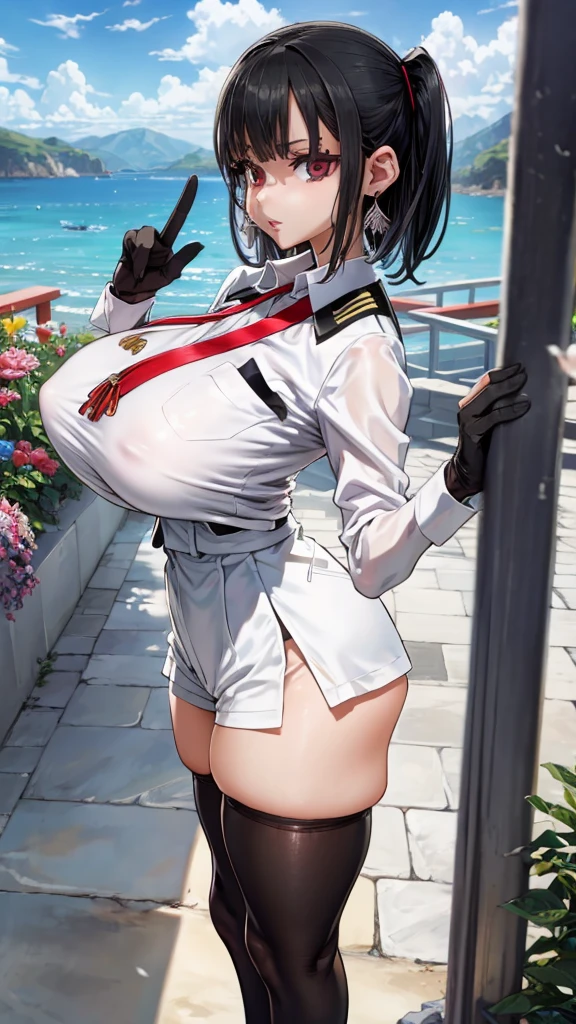 Face Focus , ((Highest quality)), ((Tabletop)), Perfect Face, (((White knee-highs))) , Official Art,Black knee-high socks,Beautiful Face,Standing posture,White tights,((((Thick thighs)))),short hair,Black Hair,Plump,((((uniform)))),((((Black gloves)))),Earrings,(Huge breasts),Standing posture,valley,Shorts,blue sky,Outdoor,garden,Red Eyes,Estrus,Sweat,See-through