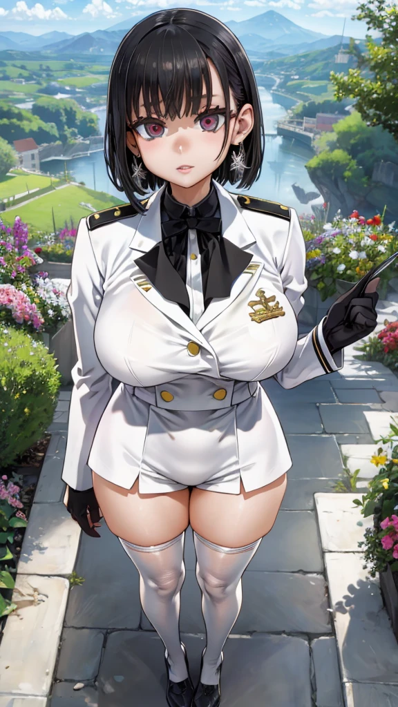 Face Focus , ((Highest quality)), ((Tabletop)), Perfect Face, （((White knee-highs))) ,   Official Art,Black knee-high socks,Beautiful Face,Standing posture,White tights,((((Thick thighs)))),short hair,Black Hair,Plump,((((uniform)))),((((Black gloves)))),Earrings,(Huge breasts),Standing posture,valley,Shorts,blue sky,Outdoor,garden,Red Eyes,Estrus,Sweat,See-through