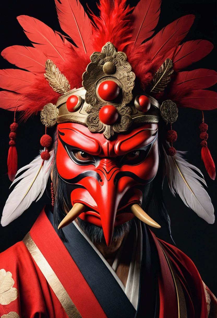 Japanese Mythology,Making a Tengu, Red Mask, Long Nose, Feather Hat, 8k, Surrealism, Cinematic