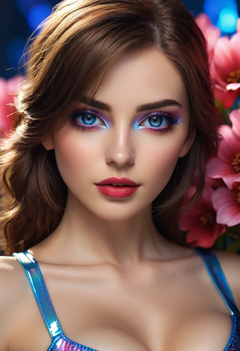 ((Photo from upper body to thigh: 1.4)), (ultra details, ultra resolution, portrait: 1.25), ((best soft studio lighting: 1.2)), (1girl: 1.3, 22 years), photorealistic Realism 16K Quality, ultra resolution, (high quality skin with realistic texture), (high quality hair with realistic texture), ((brown hair, (combed on one side), ultra detailed)), ((perfect proportions)),((anatomically correct)), (firm and full breasts), (intricately detailed beautiful face), (light pale complexion), (intricately detailed beautiful face), (light pale complexion) BREAK ((ultra absurd quality, extremely detailed detail, ultra resolution, clear sharp focus, not blurry, (Realistic brown_eyes:1.3))), perfect dark_eyeshadows:1.2, super Detailed, beautiful little nose, (blue, red, pink, flower clusters: 1.6532), (looking at viewer) Deep view, (lights:1.1), ((flower clusters: 1.6532) (((iridescence holographic)) tight latex Clothing:1.45))