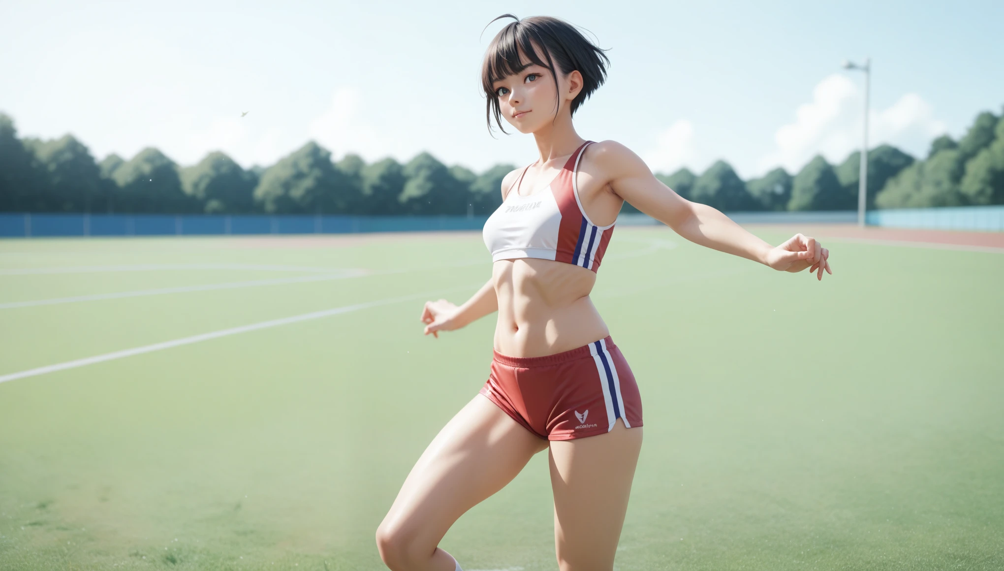 A very cute Japanese high school girl with short hair in athletic attire during a big jump in the long jump, track and field