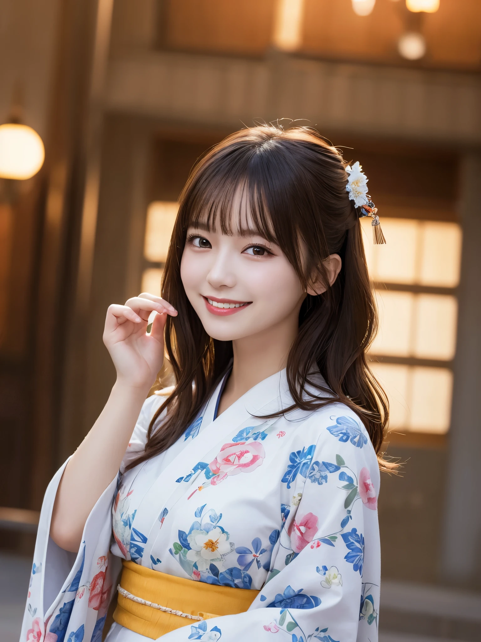 masterpiece, best quality, illustration, ultra-detailed, finely detailed, high resolution, 8K wallpaper, perfect dynamic composition, beautiful detailed eyes, festival, kimono, medium hair, small breasts, joyful pose, smile, looking at camera