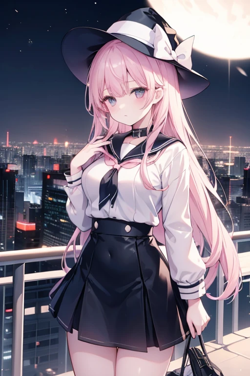 A girl stands on the rooftop of a high-rise building overlooking Tokyo late at night、A high school student wearing a white and black sailor uniform with a pale pink ribbon、She wears a large witch's hat with a small sapphire accessory、A few star creams、Beautiful starry sky、Beautiful night view、Blue Eyes