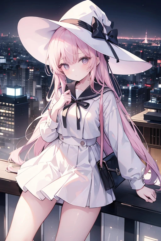 A girl stands on the rooftop of a high-rise building overlooking Tokyo late at night、A high school student wearing a white and black sailor uniform with a pale pink ribbon、She wears a large witch's hat with a small sapphire accessory、A few star creams、Beautiful starry sky、Beautiful night view、Blue Eyes