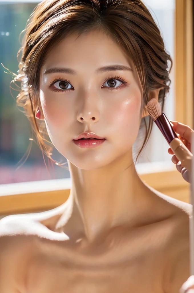 8k, ((Naked Women:1.4))、((No underwear:1.4))、((Applying Makeup Beautifully:1.6))、Highest quality, masterpiece, Realistic, Realistic, Very detailed, Natural light, 非常にDetailed faceと肌, Detailed eyes, 非常にDetailed faceと肌の中間ショット, Beautiful woman looking at camera, Sexy pose, Tabletop, Beautiful Face, Realistic Face, Detailed face, Beautiful hairstyle, Realistic eyes, Detailed eyes, Realistic Skin, Detailed skin, Beautiful Skin, charm, 超Realistic, kind, Brown Hair, Cute Japanese Girl, whole body